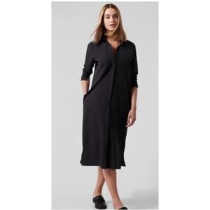 Athleta Black Urbanite Midi Shirt Dress Button Collared 3/4 Sleeve Size S